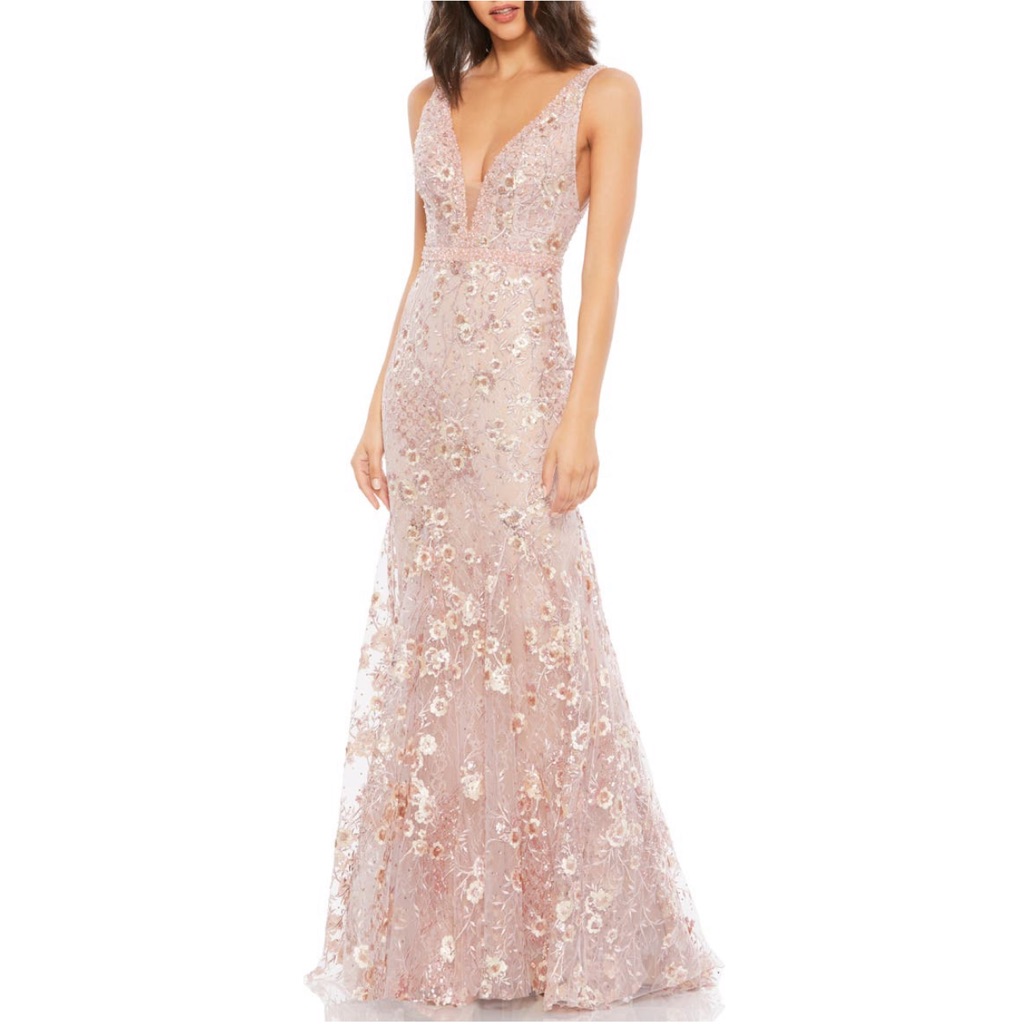 Mac Duggal Rose Pink Sleeveless Plunge V Neck Floral Tulle Trumpet Gown- Reemoly